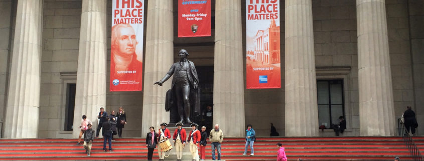 View of Federal Hall's steps with Civil War reenactors