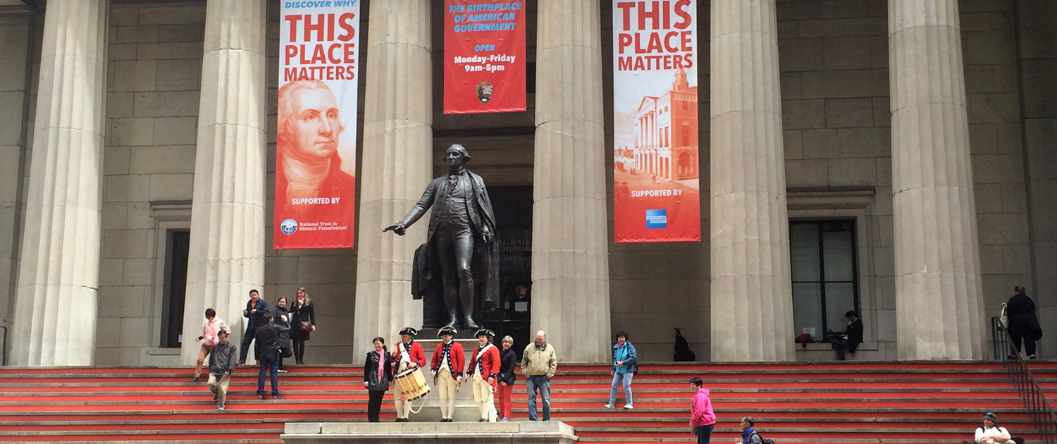 View of Federal Hall's steps with Civil War reenactors